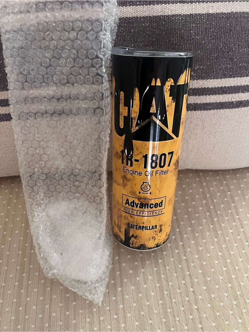 New Caterpillar Tumbler with lid.Yellow and Black Advanced Engine Oil Filter Can
